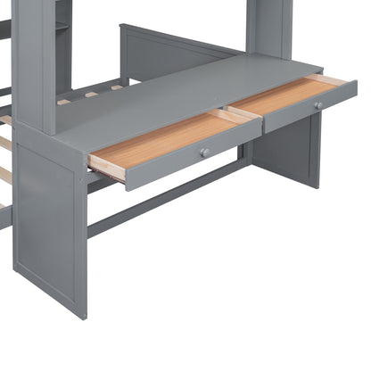 Full Size Loft Bed With A Twin Size Standalone Bed, Shelves, Desk, And Wardrobe - Gray