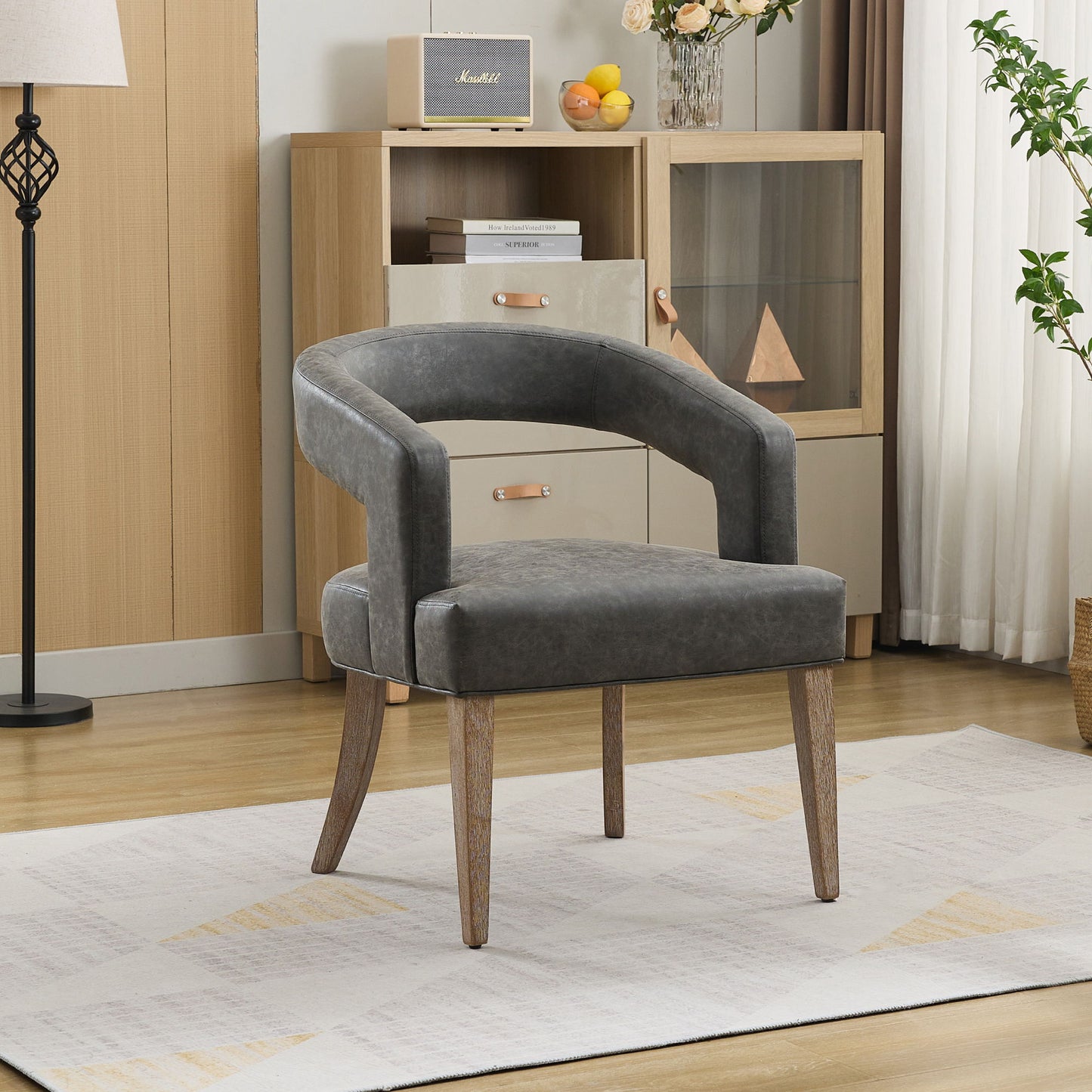 Wide Modern Barrel Open Back Upholstered Accent Chair With Weathered Solid Wood Legs Dining Chairs For Dining Room, Club, Kitchen And Living Room - Gray