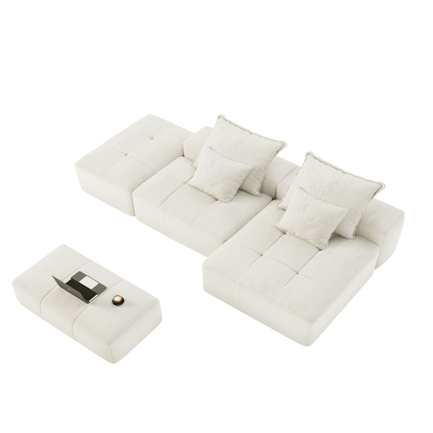 Modern Oversized Modular Sectional Sofa With Ottoman, Seat, Chaise Lounge And Armrest, Sparkling Chenille Fabric Soft Cushion Sofa With 4 Pillows, 4 Pieces Diy Combination Tufted Sofa, No Assembly Required - Beige