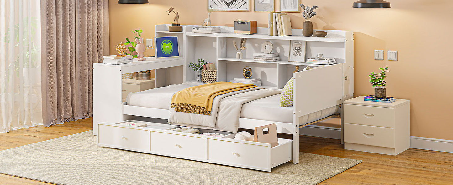 Twin Size Daybed With 3 Drawers USB Ports And Desk - White