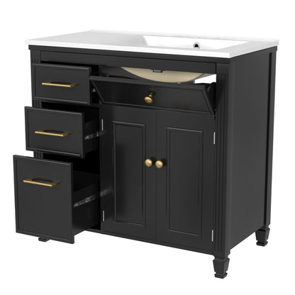 Modern Bathroom Vanity With Ceramic Sink, Freestanding, One Tip - Out Drawer, 3 Side Drawers, Adjustable Shelf - Beige