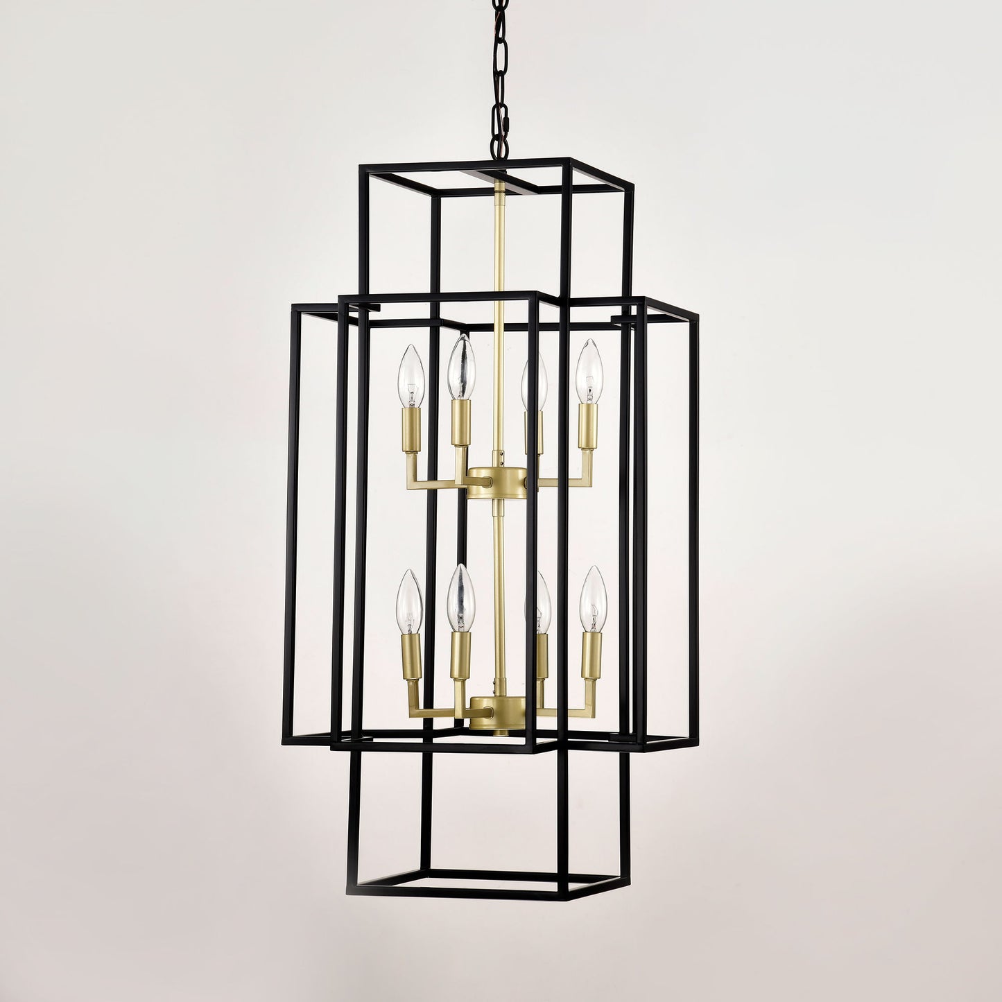 8 Light Metal Lantern Tiered Pendant Hanging Light Fixtures, Industrial Farmhouse Adjustable Height Chandeliers For Dining Room Hallway Foyer Entryway (E12 Bulbs Not Included) - Matte Black / Gold