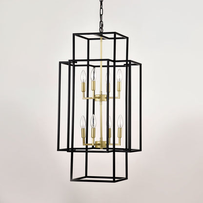 8 Light Metal Lantern Tiered Pendant Hanging Light Fixtures, Industrial Farmhouse Adjustable Height Chandeliers For Dining Room Hallway Foyer Entryway (E12 Bulbs Not Included) - Matte Black / Gold