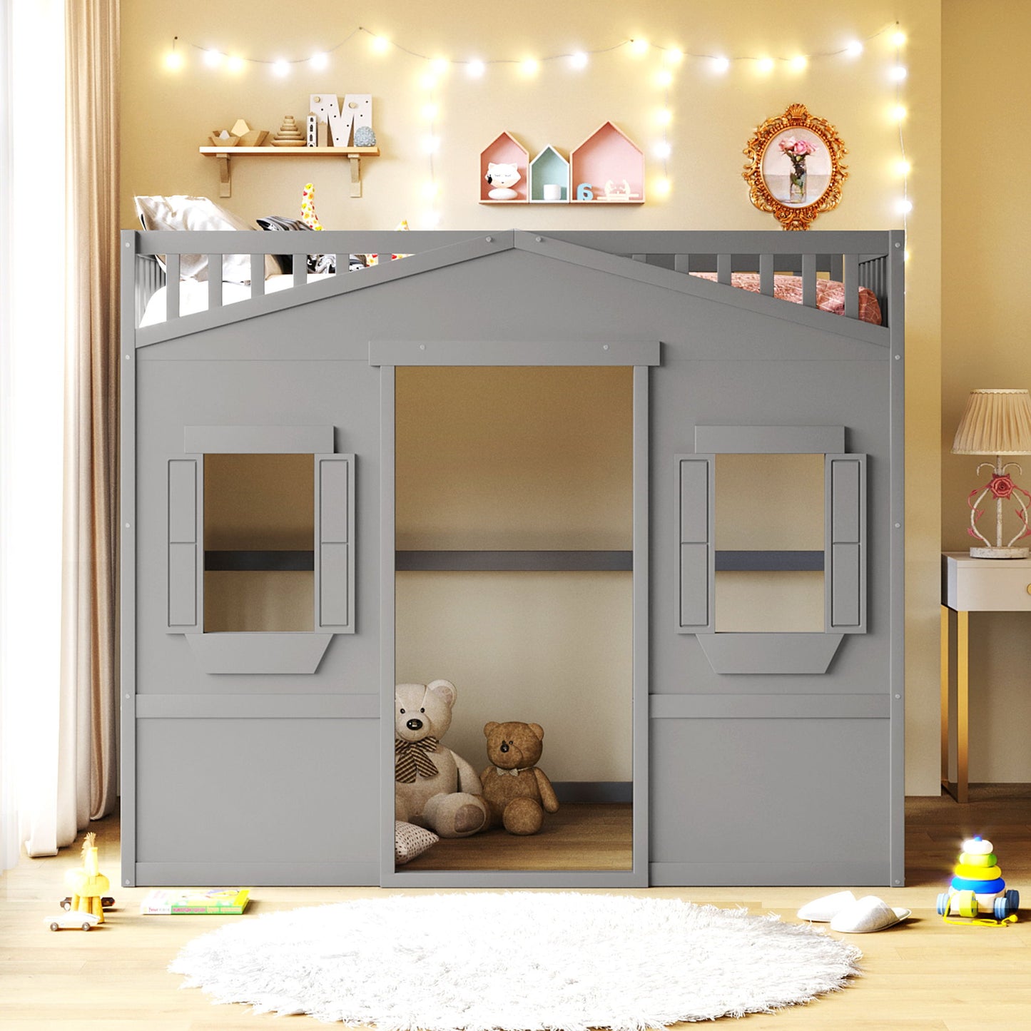 Full Size House Loft Bed With Ladder - Gray