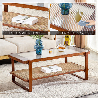 Modern Simple Rectangle Double Layer Solid Wood Glass Desktop Tea Table Rattan Woven Chinese Side Table Small Rectangle Table - Natural Wood