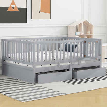 Full Size Daybed With Fence Guardrails And 2 Drawers - Gray