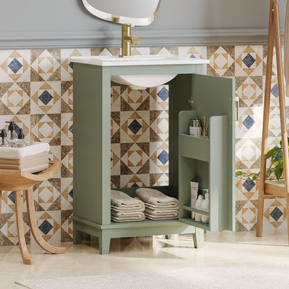 Modern Small Bathroom Vanity Cabinet With Ceramic Basin, Ample Storage, 1 Soft Close Door - Green