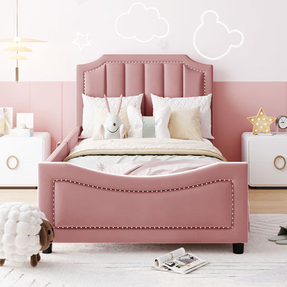 Twin Size Upholstered Daybed With Classic Stripe Shaped Headboard - Pink