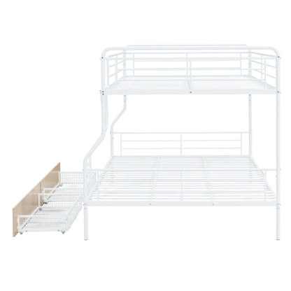 Full Long Over Queen Bunk Bed With 2 Drawers - White