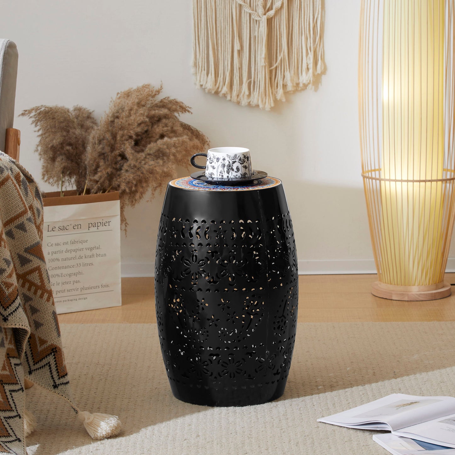 Boho Mosaic Side Table With Ceramic Tile Top - Black