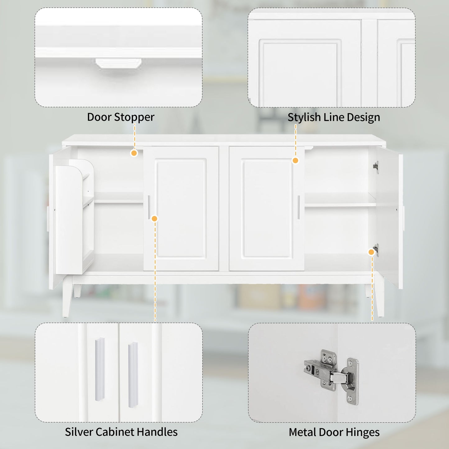 4 Door Sideboard Storage Cabinet With Door Shelf For Living Room And Dining Room, 2 Large Cabinets With Adjustable Shelf - White