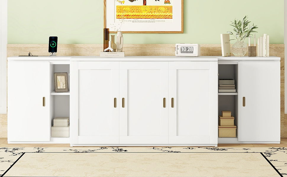 Full Size Murphy Bed With Shelves, Cabinets And USB Ports - White