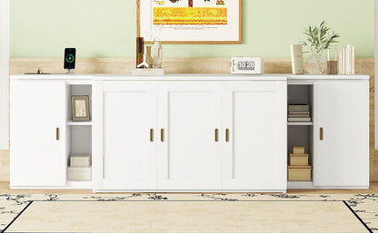 Full Size Murphy Bed With Shelves, Cabinets And USB Ports - White