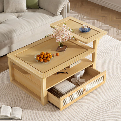 Modern Coffee Table, Coffee Table With 1 Storage Shelf, 2 Tabletops And 1 Rattan Drawer For Living Room - Natural