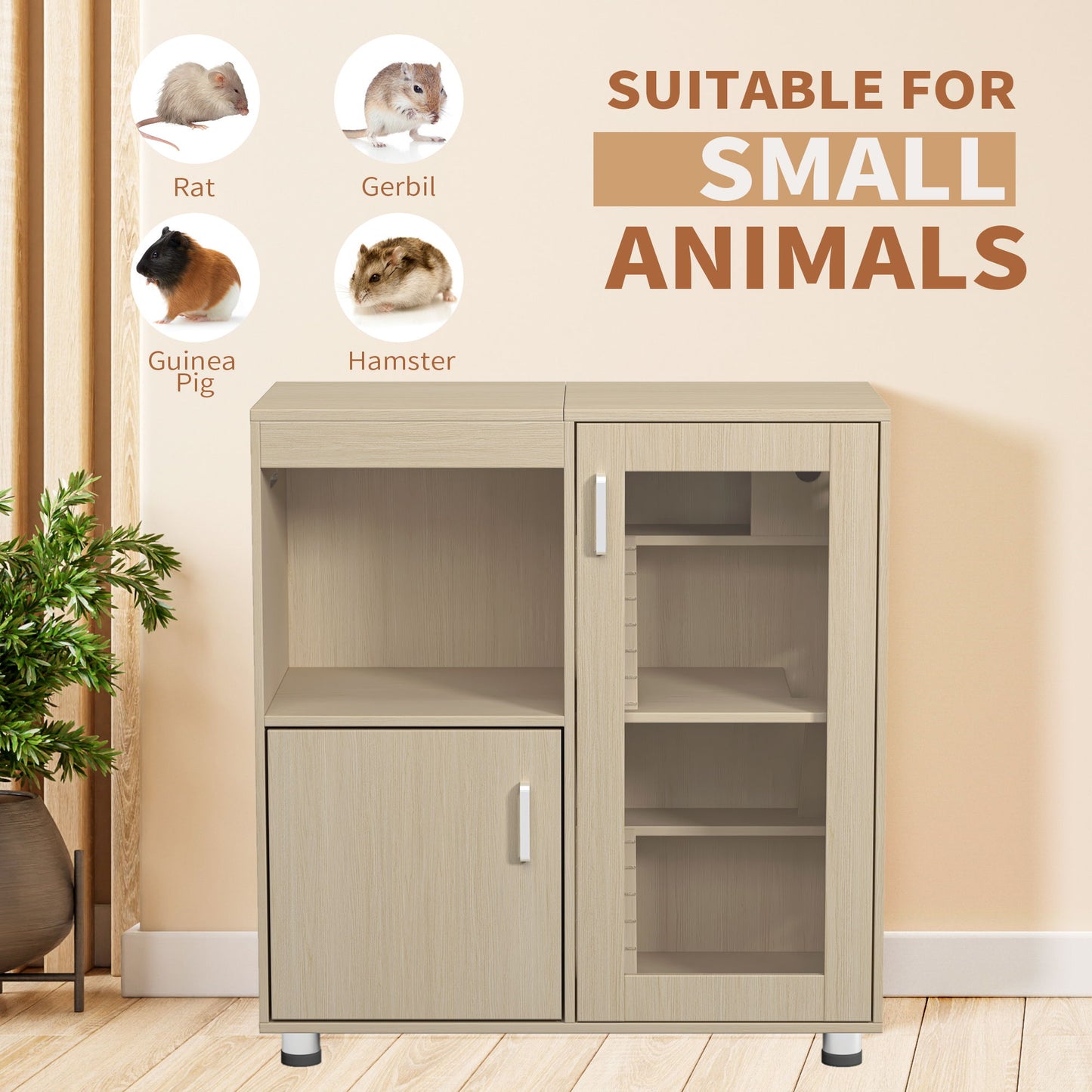 Wood 4 Tier Hamster Cage With Windows And Storage Cabinet - Teak