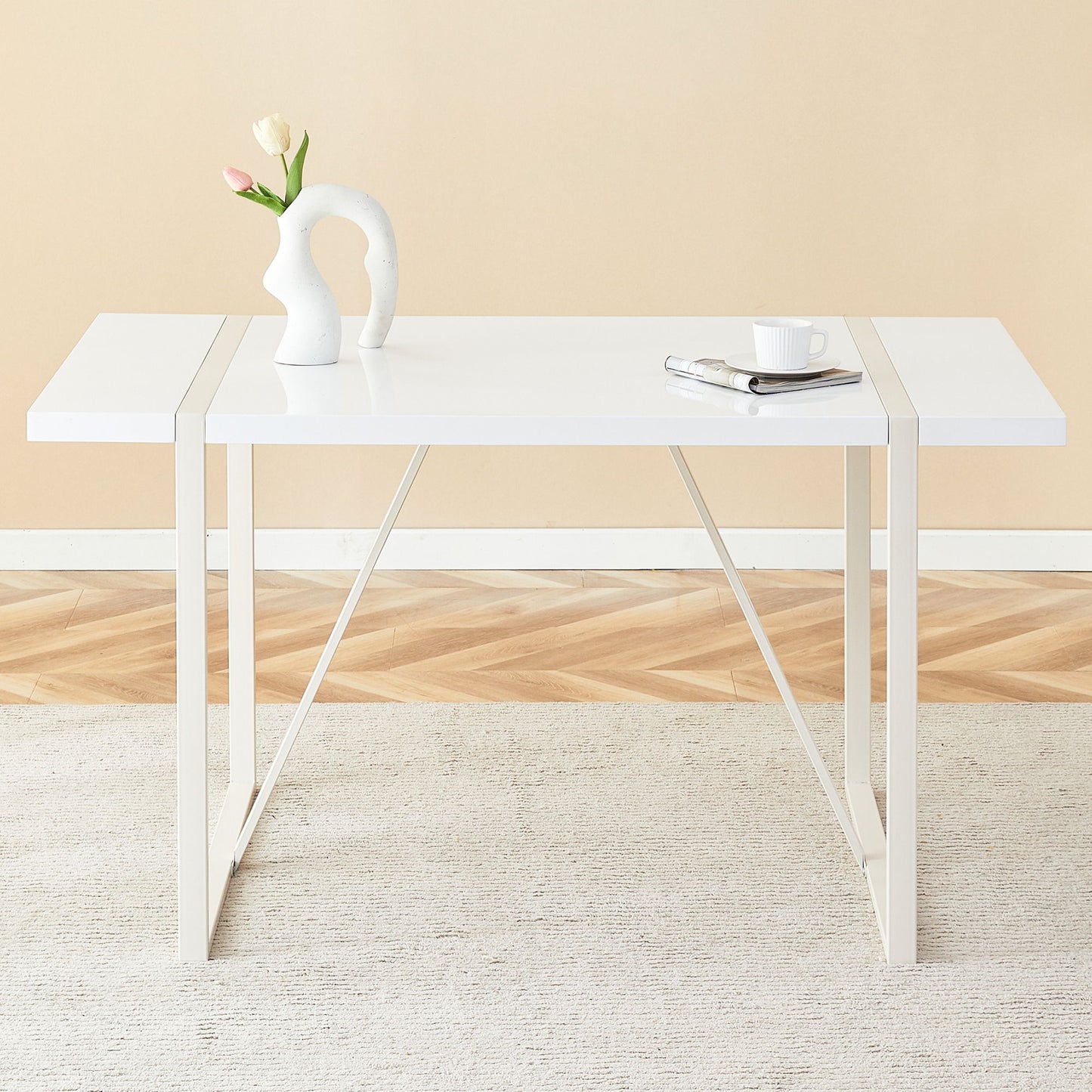 Industrial Rectangular Style Dining Table For 4 - 6 People With Thick Top And Metal Legs Frame - White
