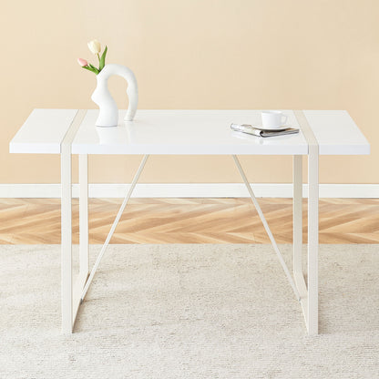Industrial Rectangular Style Dining Table For 4 - 6 People With Thick Top And Metal Legs Frame - White