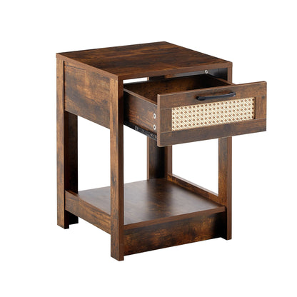 15.75" Rattan End Table With Drawer, Modern Nightstand, Side Table For Living Room, Bedroom - Rustic Brown