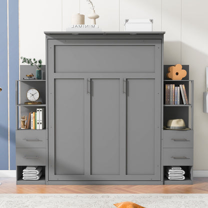 Queen Size Murphy Wall Bed With Shelves, Drawers And LED Lights - Gray