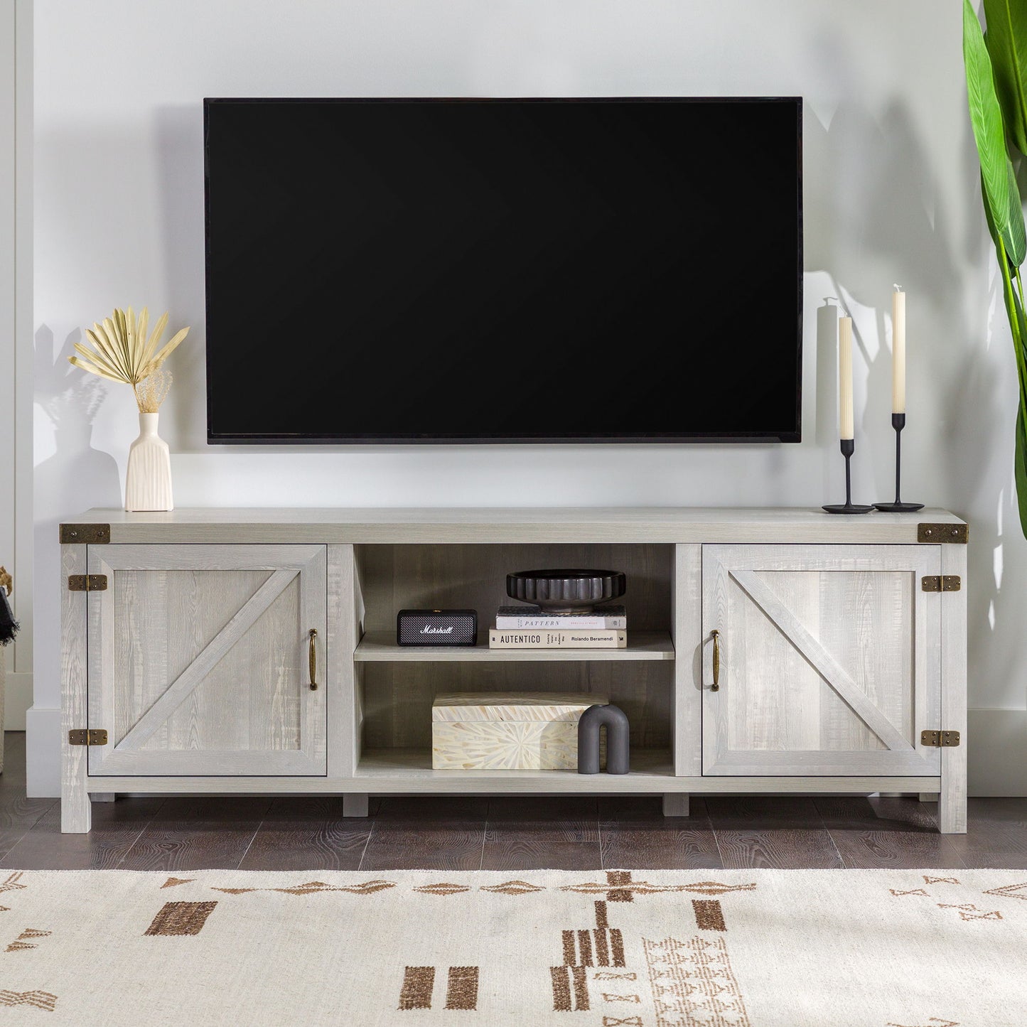 Rustic Farmhouse Double Barn Door 70" TV Stand For 80" TVs With Center Shelves - Stone Gray