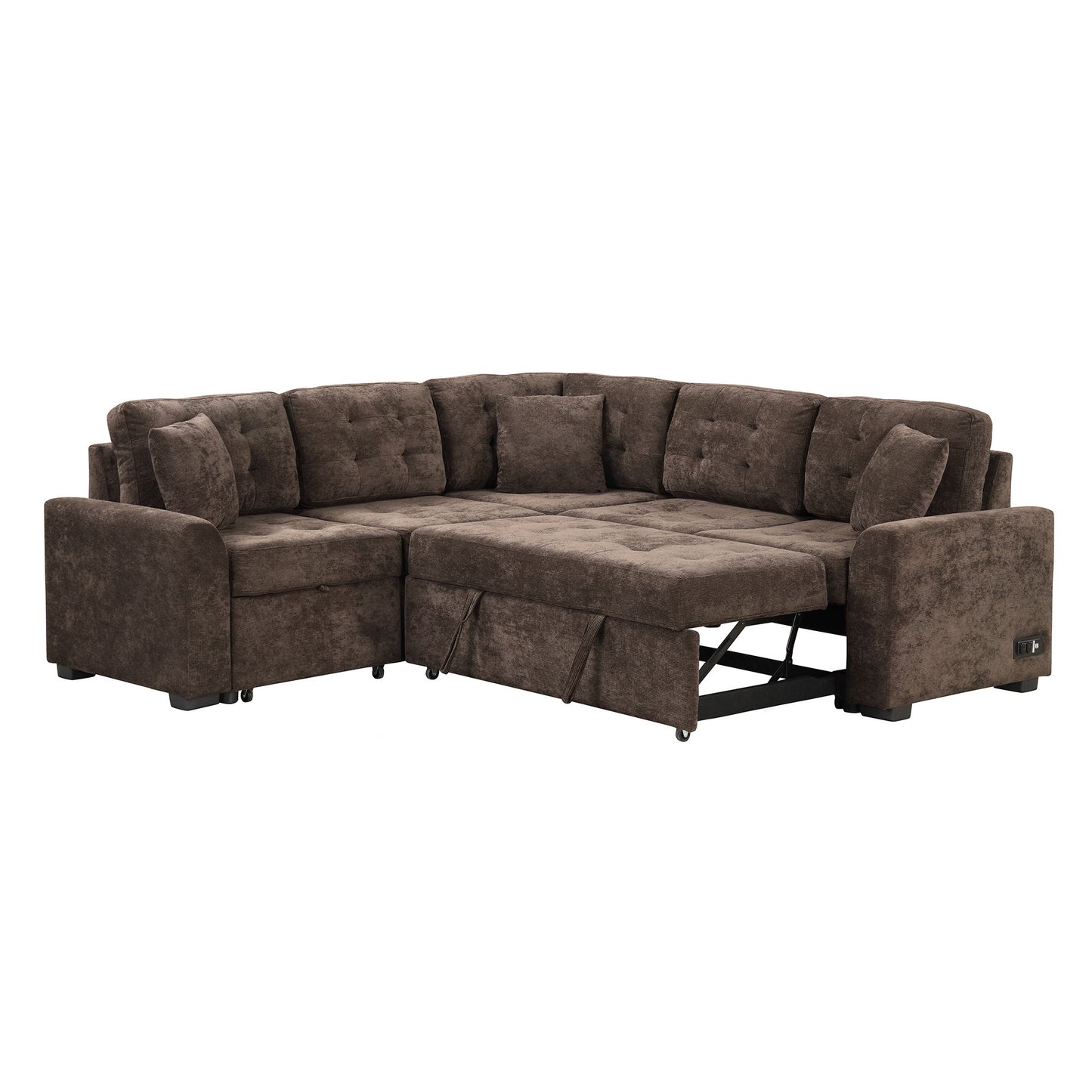 L-Shape Sofa Bed Pull-Out Sleeper Sofa With Wheels, USB Ports, Power Sockets For Living Room - Brown