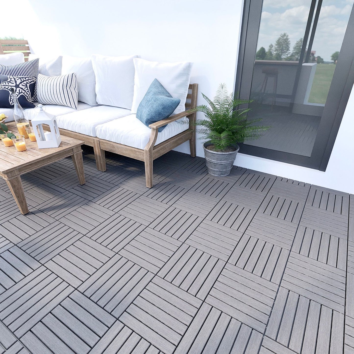 10 Piece Interlocking Deck Tiles Striped Pattern, Square Acacia Hardwood Outdoor Flooring For Patio, Bancony, Pool Side - Light Gray