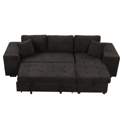 Modern L-Shape 3 Seat Reversible Sectional Couch, Pull Out Sleeper Sofa With Storage Chaise And 2 Stools For Living Room Furniture Set - Charcoal Gray
