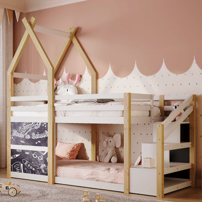 Twin Over Twin House Bunk Bed With White Storage Staircase And 2 Blackboards - White / Natural