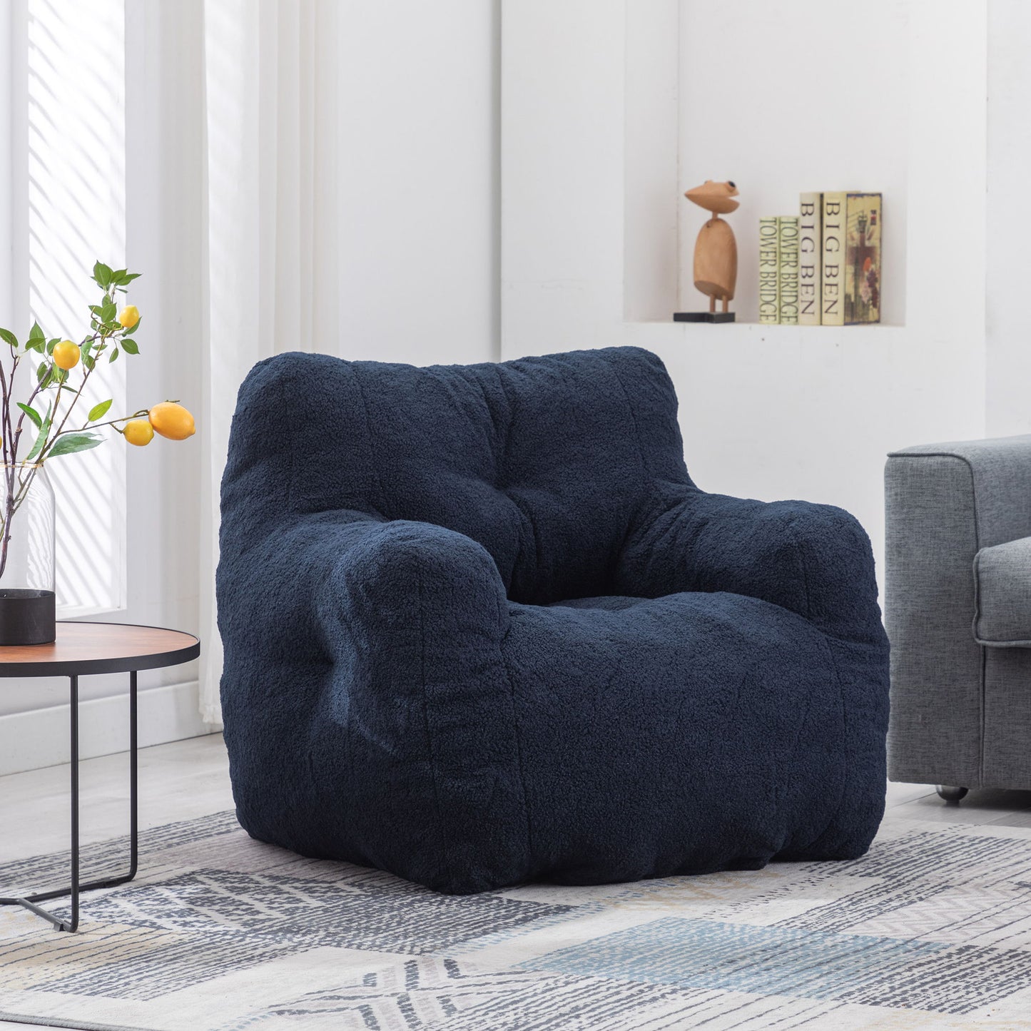 Soft Teddy Fabric Tufted Foam Bean Bag Chair With Teddy Fabric - Dark Blue