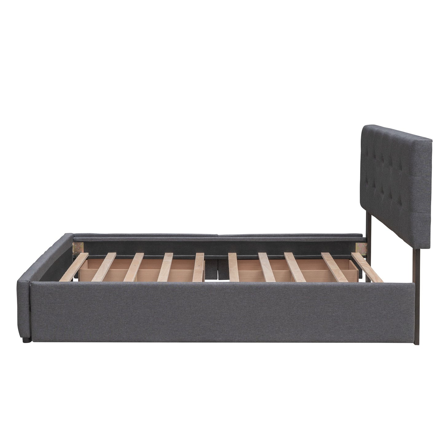 Queen Size Upholstered Platform Bed With 2 Drawers And 1 Twin Long Trundle - Dark Gray