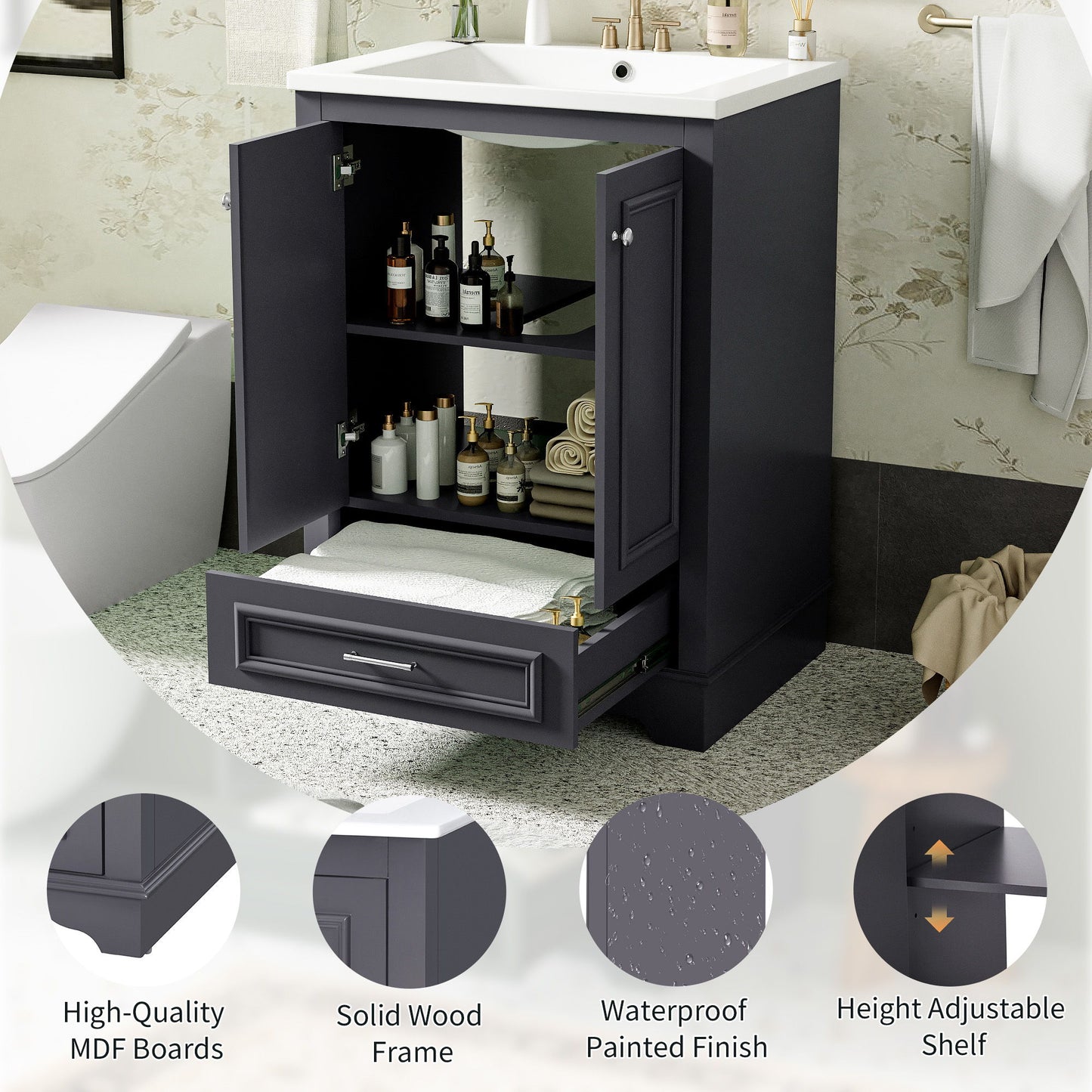 Bathroom Vanity With Ceramic Sink Combo, Modern Freestanding Storage Cabinet With Silver Handles, Soft Closing Doors - Blue Gray