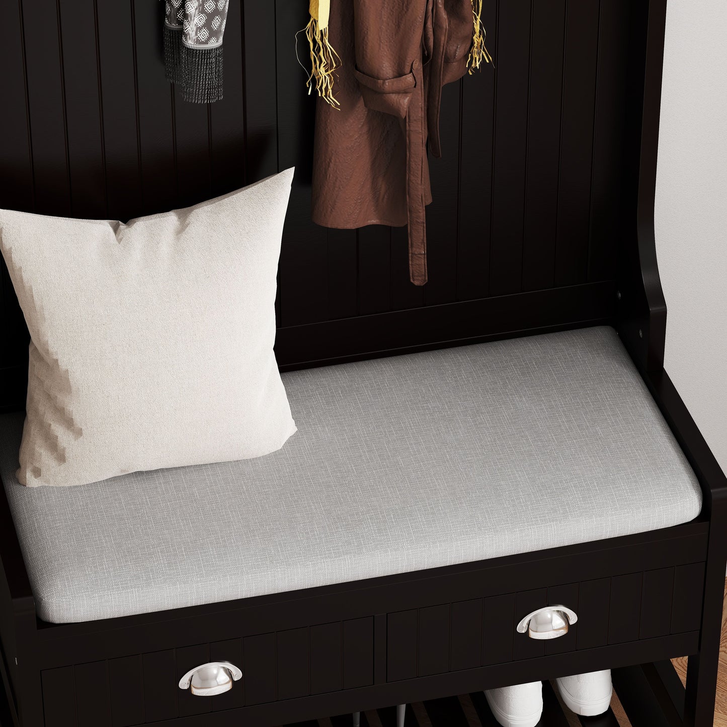 3 In 1 Wooden Hallway Hall Tree With Storage Drawers, Coat Rack, Shoe Rack Bench, And Cushion - Amber Graphite / Black