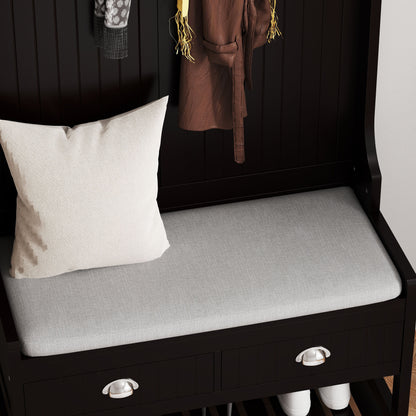 3 In 1 Wooden Hallway Hall Tree With Storage Drawers, Coat Rack, Shoe Rack Bench, And Cushion - Amber Graphite / Black