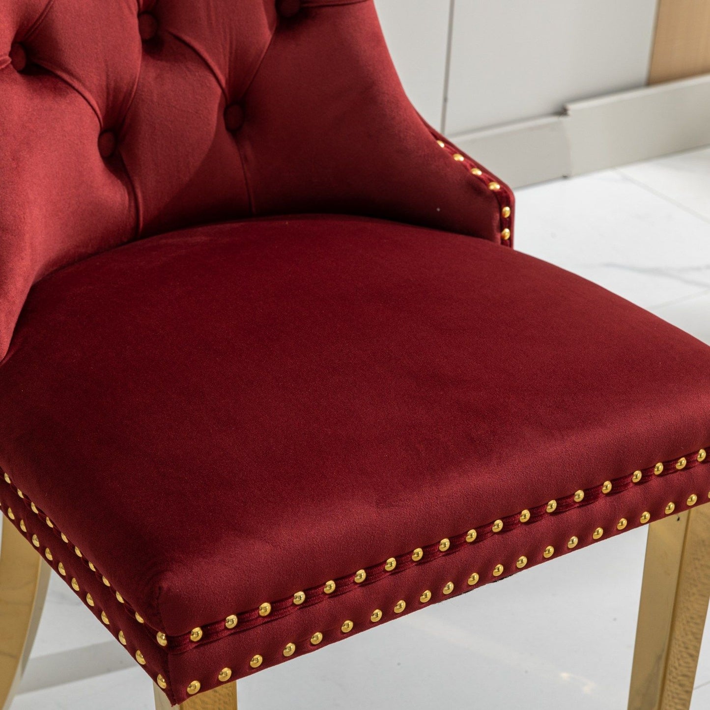 Nikki - Modern, High-End Tufted Solid Wood Contemporary Velvet Upholstered Dining Chair With Golden Stainless Steel Plating Legs, Nailhead Trim (Set of 2) - Burgundy