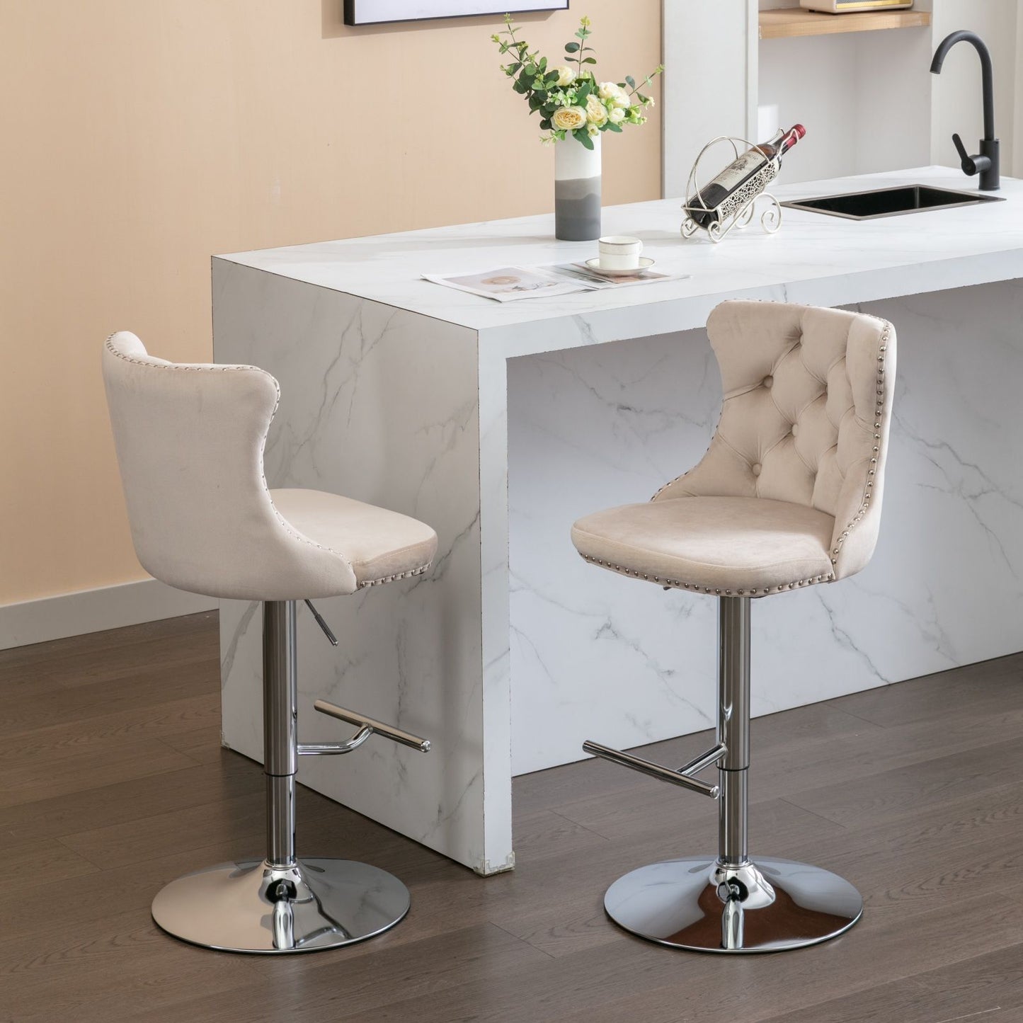Swivel Velvet Barstools Adjusatble Seat Height From 25-33", Modern Upholstered Chrome Base Bar Stools With Backs Comfortable Tufted For Home Pub And Kitchen Island (Set of 2) - Beige
