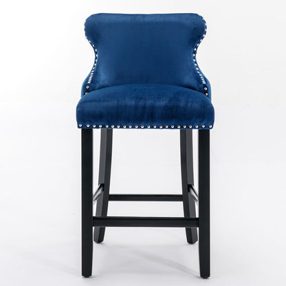 Contemporary Velvet Upholstered Wing-Back Barstools With Button Tufted Decoration And Wooden Legs, And Chrome Nailhead Trim, Leisure Style Bar Chairs, Bar Stools (Set of 4) - Blue