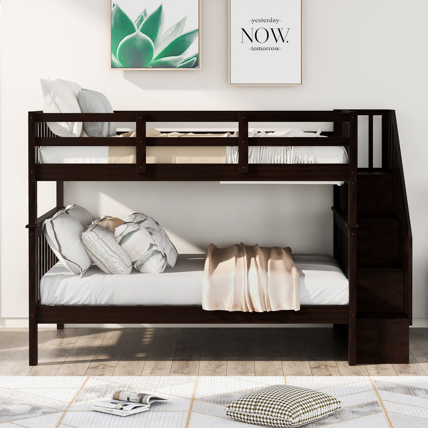 Full Over Full Stairway Bunk Bed With Storage And Guard Rail For Bedroom - Espresso