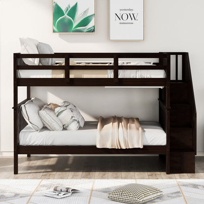 Full Over Full Stairway Bunk Bed With Storage And Guard Rail For Bedroom - Espresso