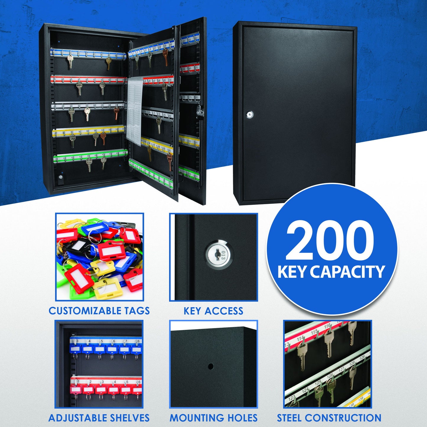 200 Key Adjustable Key Cabinet With Key Lock - Black