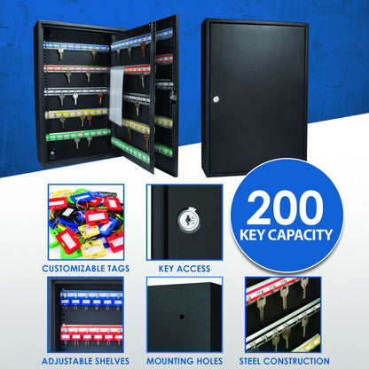 200 Key Adjustable Key Cabinet With Key Lock - Black