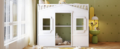 Twin Size House Loft Bed With Ladder - White