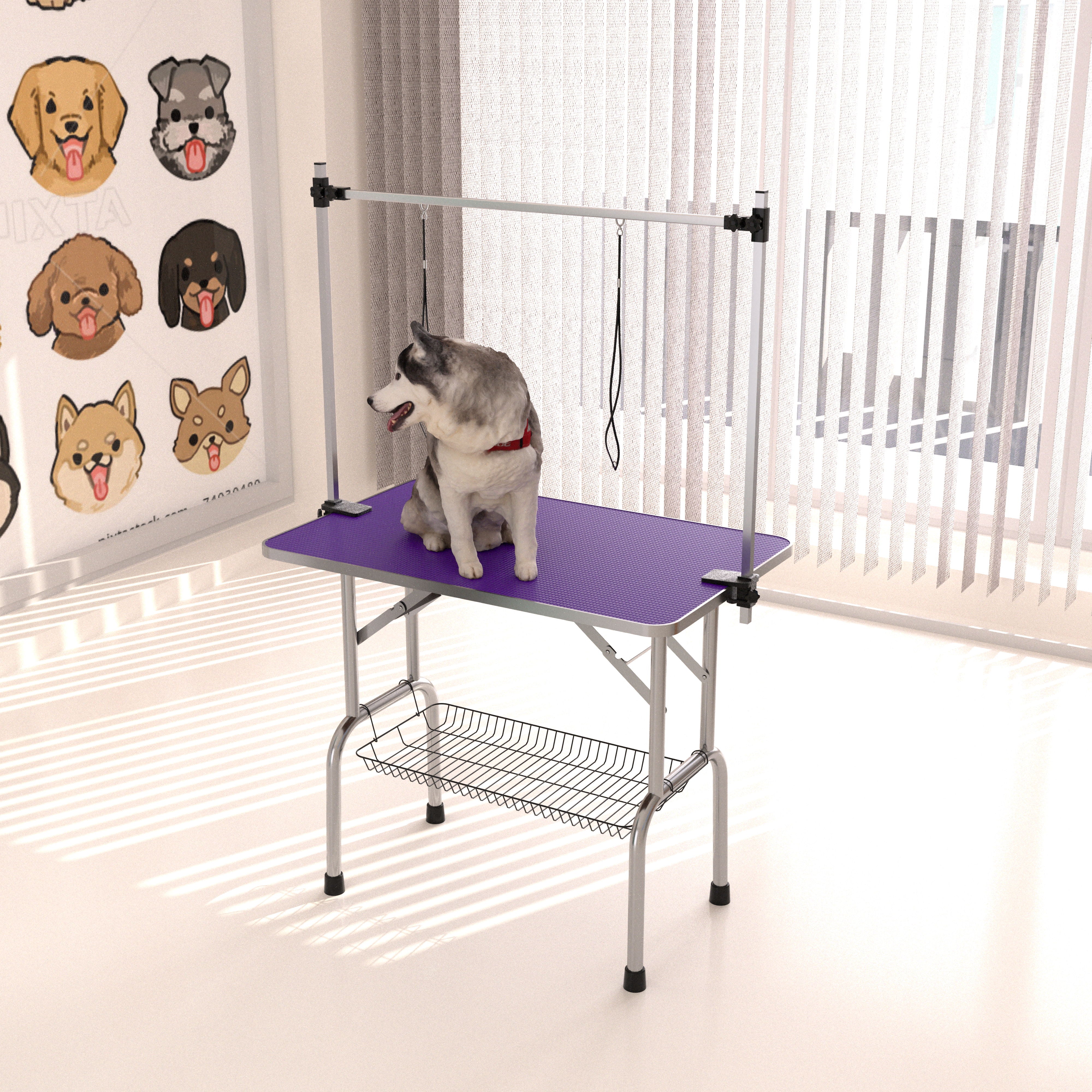 Folding Dog Pet Grooming Table Stainless Steel Frame Rubber Mat On Board With Adjustable Arm And Clamps Pet Dog, Cat Grooming Table - Purple