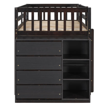 Twin Over Twin Classic Bunk Bed With 4 Drawers And 3 Shelves - Espresso