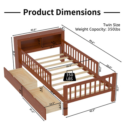Twin Size Bed With Headboard Storage Rack, 2 Under Bed Drawers, 3 - Side Guardrails For Safety And Security - Walnut
