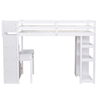 Twin Size Loft Bed With Storage Drawers, Desk And Stairs With Shelves - White