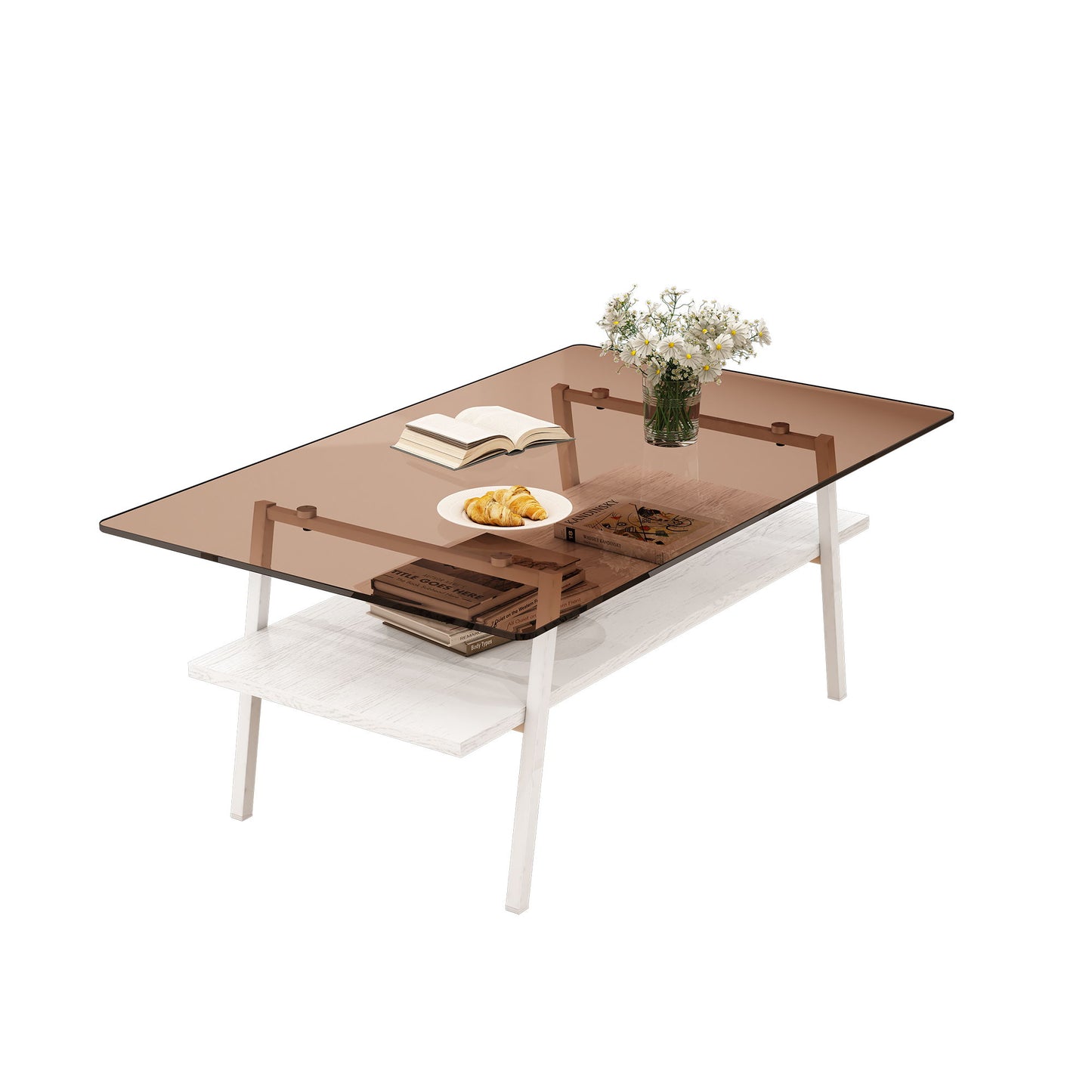 Rectangle Coffee Table, Tempered Glass Tabletop With White Metal Legs, Modern Table For Living Room - Brown / White