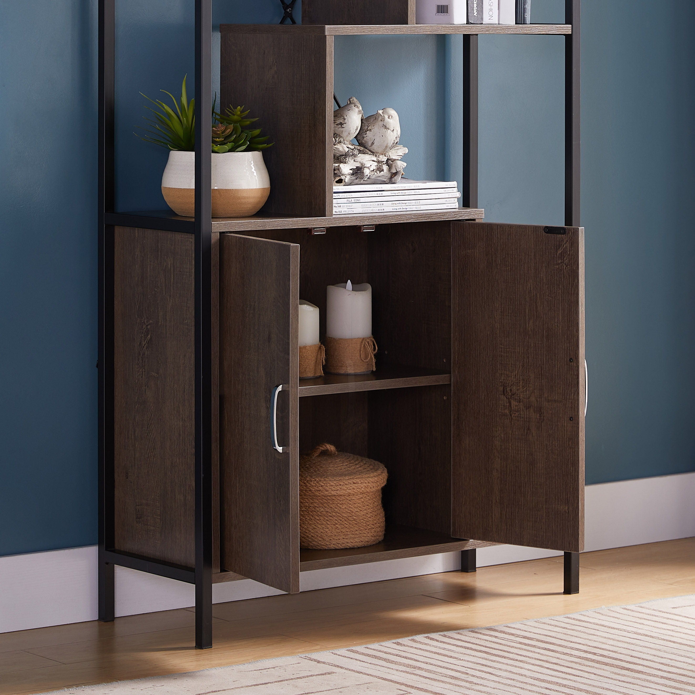 Six Shelf Modern Bookcase With Two Door Storage Cabinet With Two Shelves - Dark Brown / Black