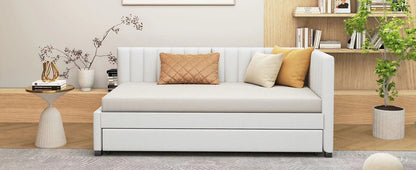 Twin Size Sofa Bed Upholstered Daybed With Trundle Frame No Box Spring Needed, Linen - Beige