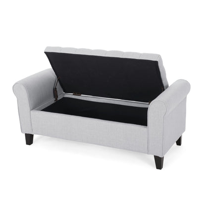 Hayes - Contemporary Armed Storage Bench With Button Tufting And Rolled Arms - Light Gray