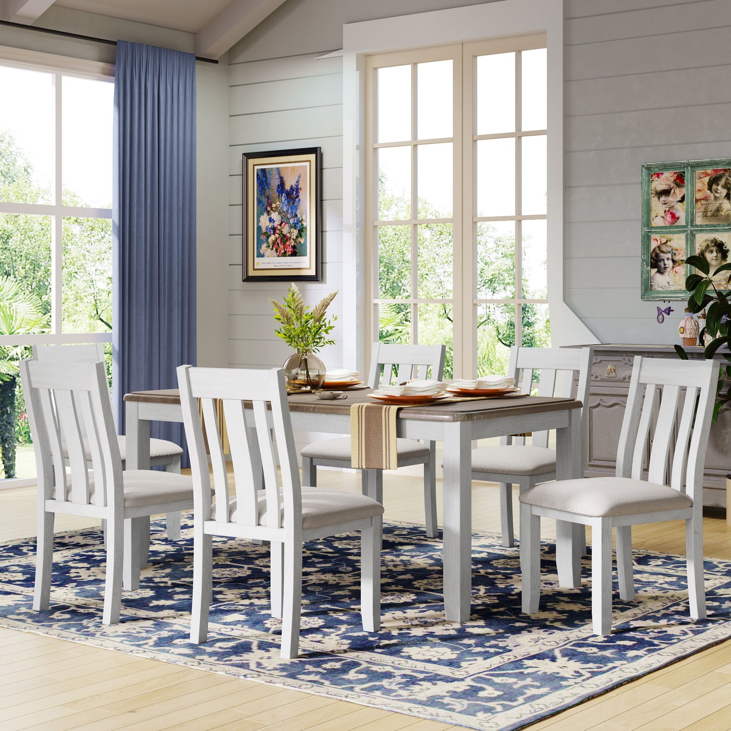 7 Piece Dining Table Set Retro Style With Extendable Table And 6 Upholstered Chairs - Brown / White